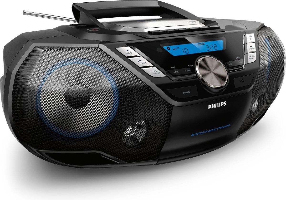 Philips Sound AZB798T / 12 Cd-Geluidsmachine, Cd-Speler Draagbaar (Radio Dab +, Bluetooth, Cd, Mp3-Cd, Usb, Cassette, Alles-In-Één Geluidssysteem) Zwart