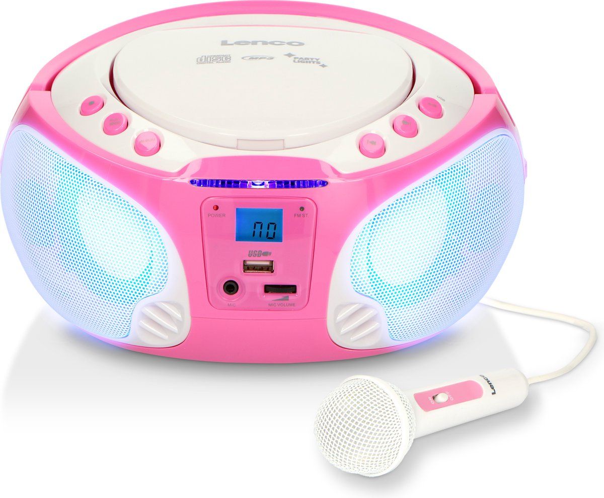 Lenco SCD-650PK - Draagbare radio CD speler met karaokemicrofoon en LED - Roze