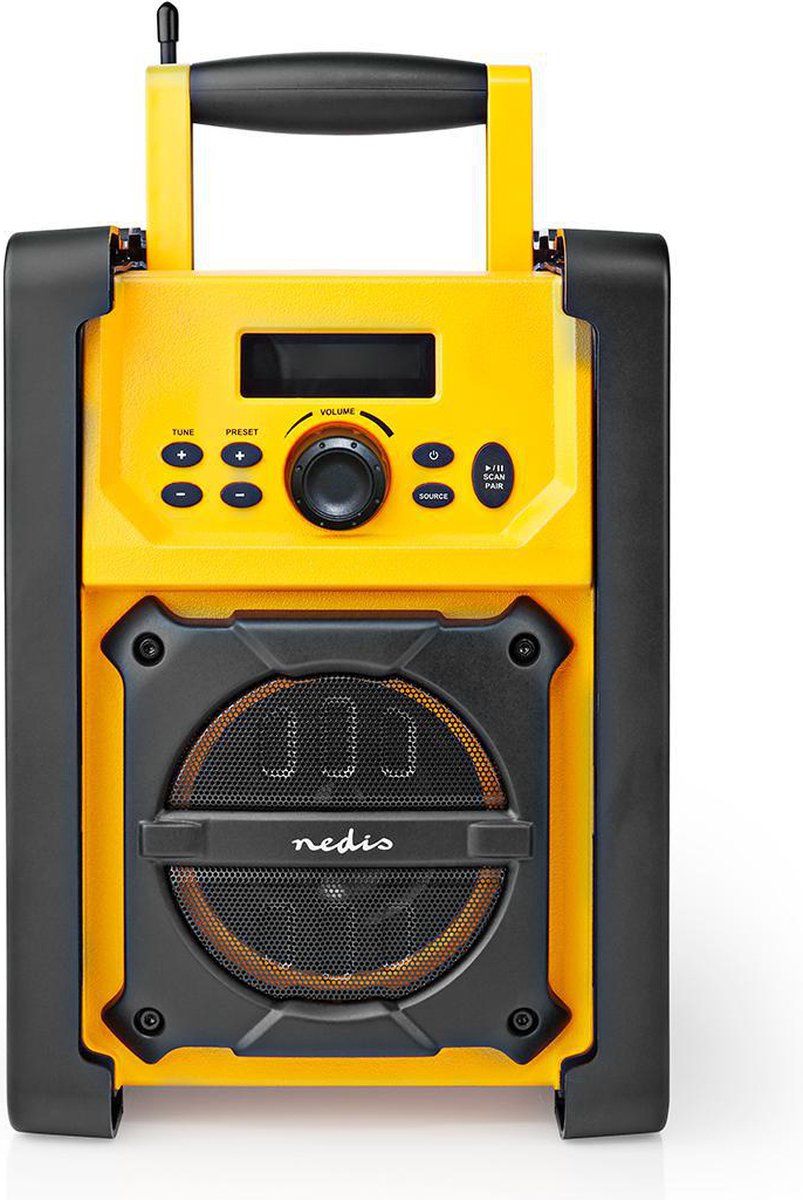 Nedis FM-Radio - Bouwradio - FM - Batterij Gevoed / Netvoeding - Digitaal - 15 W - Scherm grootte: 2.2 " - Blauw-Wit Scherm - IPX5 - Handgreep - Geel / Zwart