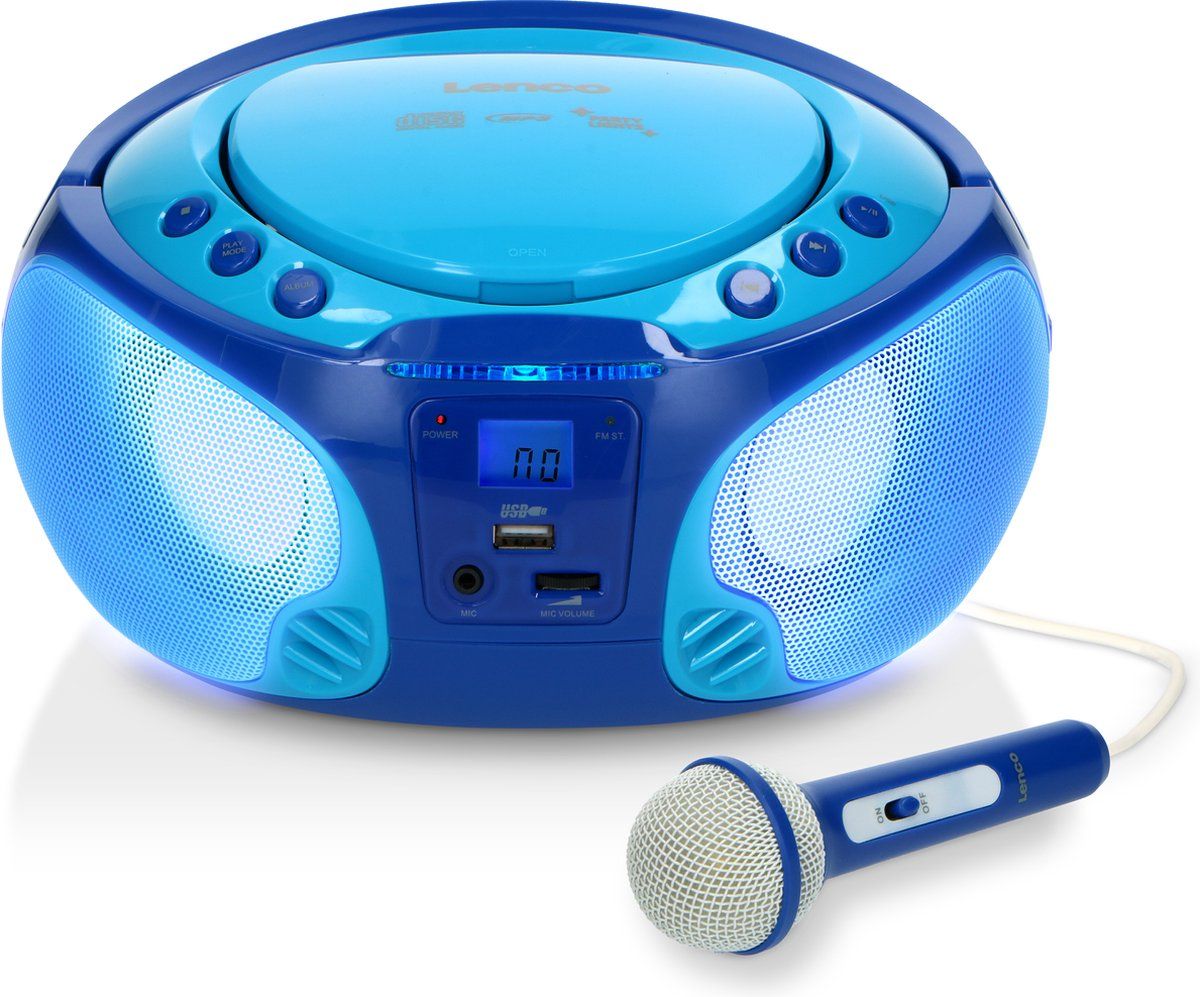 Lenco SCD-650BU - Draagbare radio CD speler met karaokemicrofoon en LED - Blauw