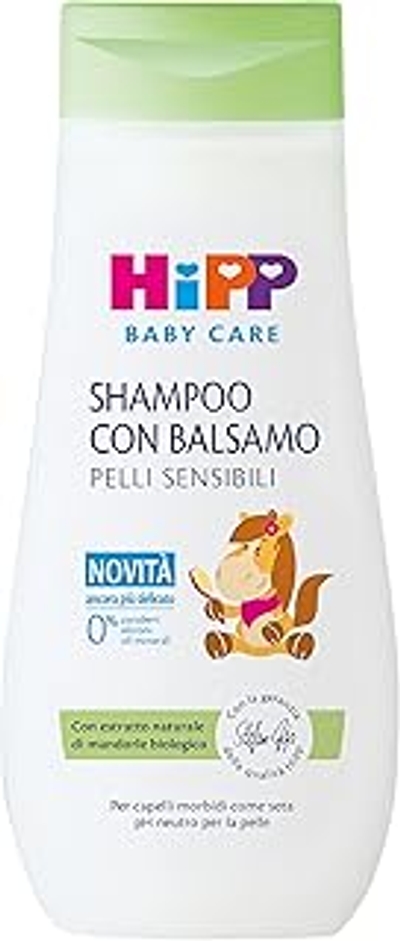 HiPP Baby Care Shampoo met balsem voor kinderen, ontwart het haar en beschermt de hoofdhuid, pH-waarde, voor de gevoelige huid, met natuurlijk biologisch amandelextract, 1 stuk à 200 ml