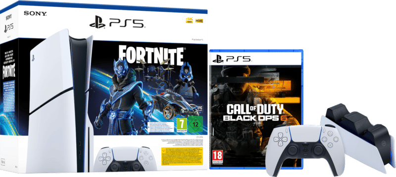 PS5 Slim Disc Edition + Fortnite Voucher + Black Ops 6 + Extra Controller + Oplaadstation