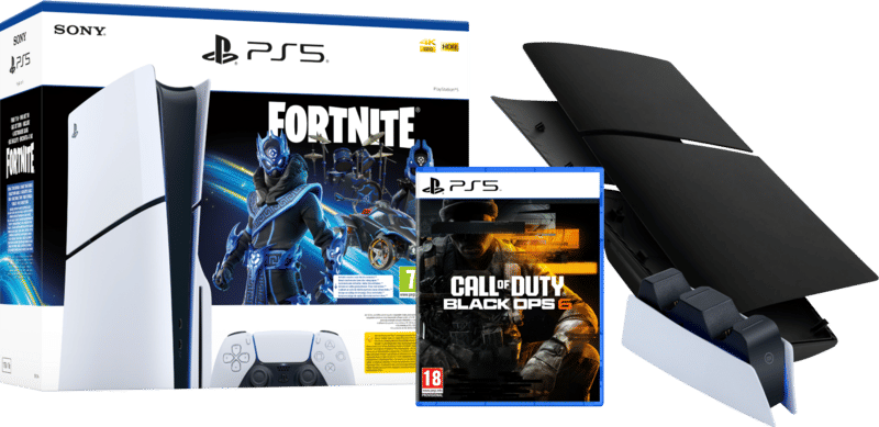 PS5 Slim Disc Edition + Fortnite Voucher + Black Ops 6 + Covers Zwart + Oplaadstation