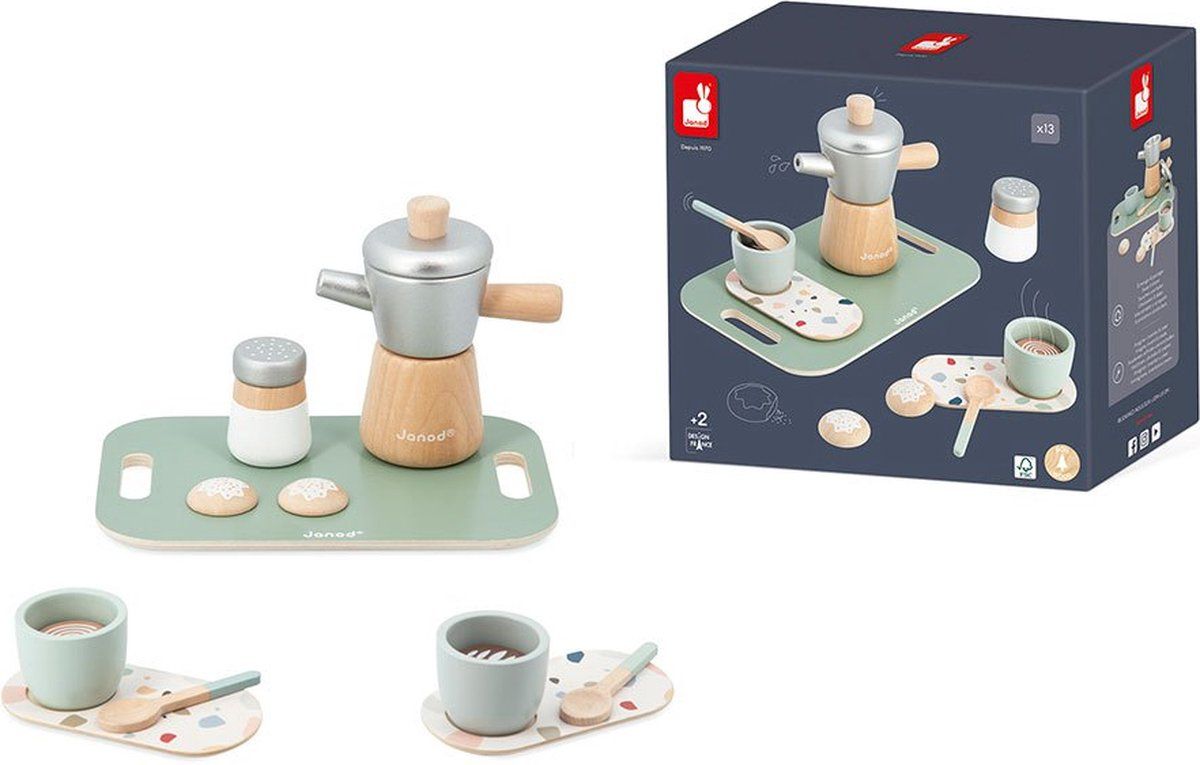 Janod In De Keuken - Italiaanse Koffiemaker - 13-Delige Houten Speelset - Imitatiespeelgoed Met Een Eigentijds Design - Geschikt Vanaf 2 Jaar