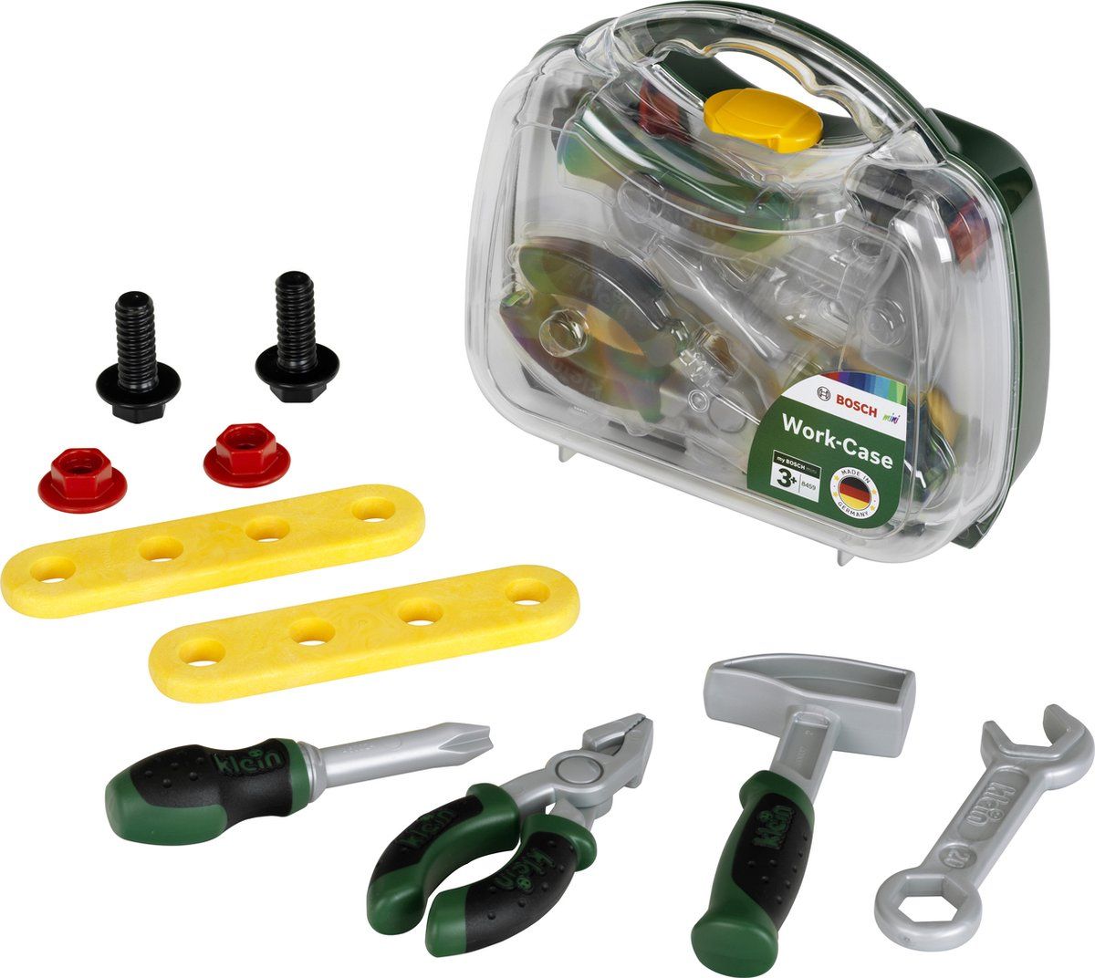 Klein Toys - Bosch gereedschapskoffer I Robuuste koffer met transparante voorkant I Incl. gereedschap, schroeven en latten