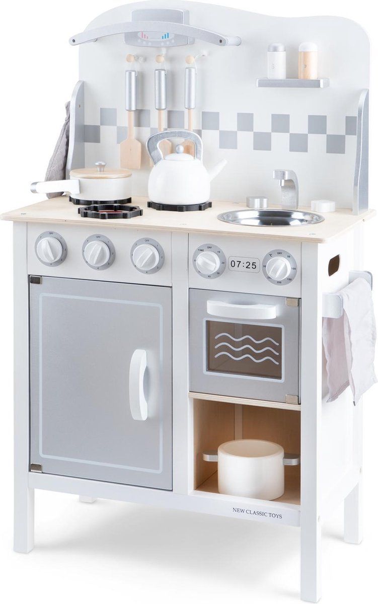 New Classic Toys Houten Speelkeuken - DeLuxe - Wit - Komt met alle Accessoires - Aanrechthoogte is 55centimeter