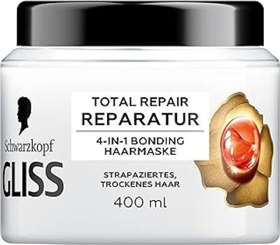 Gliss Total Repair 4-in-1 haarkuur 400 ml, haarkuur met HAPTIQ-systeem en keratine voor soepel haar vol glans, haarmasker vermindert haarbreuk
