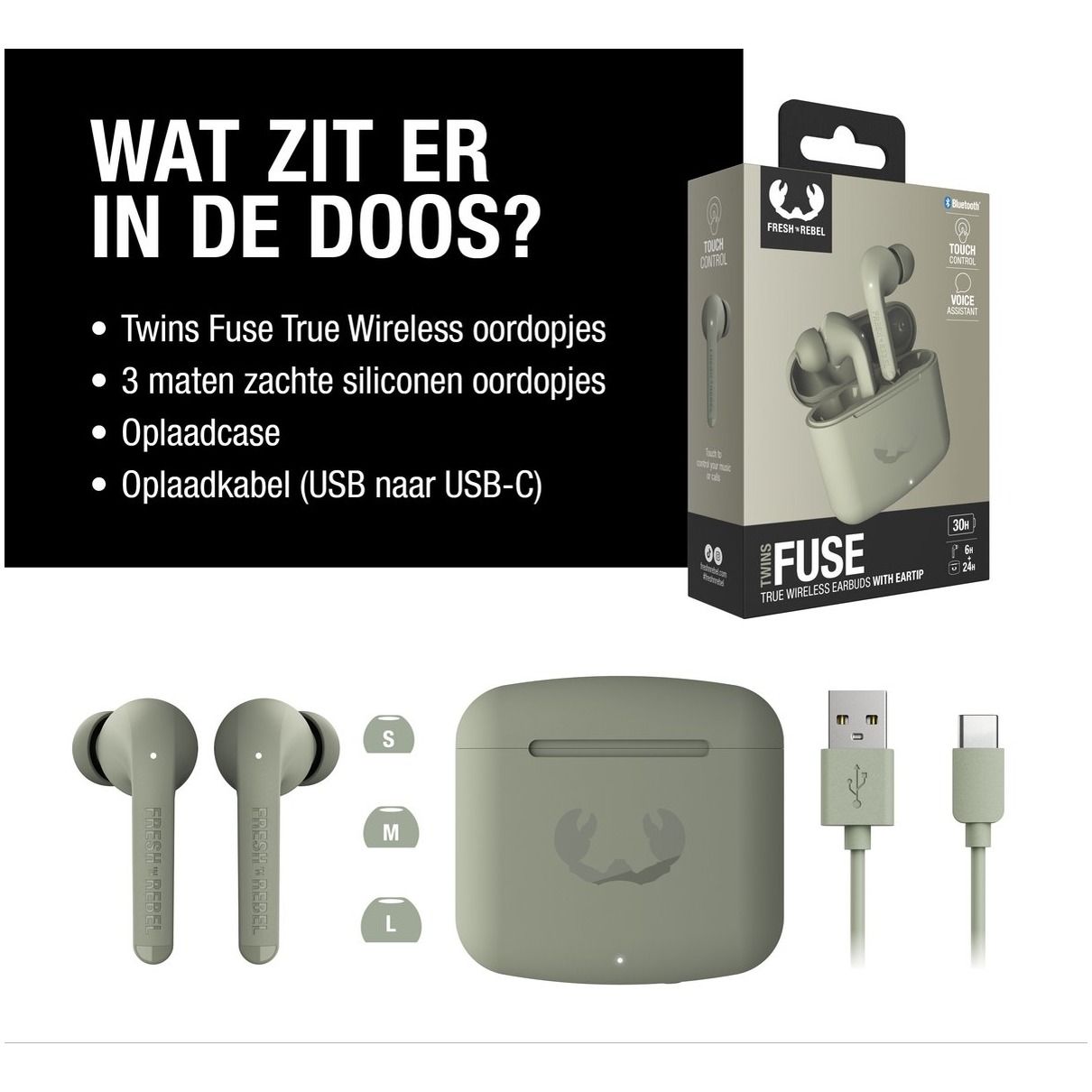 Fresh 'n Rebel Twins Fuse - True Wireless - 6 uur speelduur (30 uur in totaal) - Dried Green