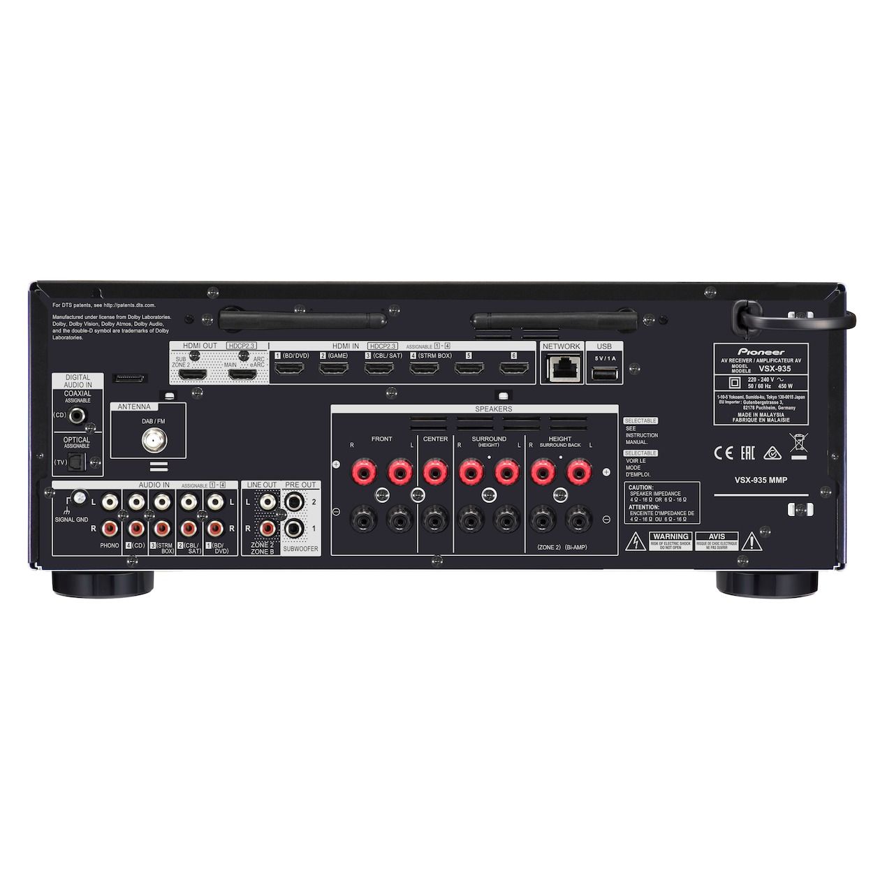 Pioneer VSX-935 Black AV-receiver | 7.2 | DAB+ radio, FM radio, internetradio | Bluetooth | Wi-Fi | Multiroom | Works with Sonos | DTS Play-Fi | AirPlay 2 | Chromecast | Streaming Services | 8K | HDMI 2.1 | Totaal uitgangsvermogen: 7x 100 W