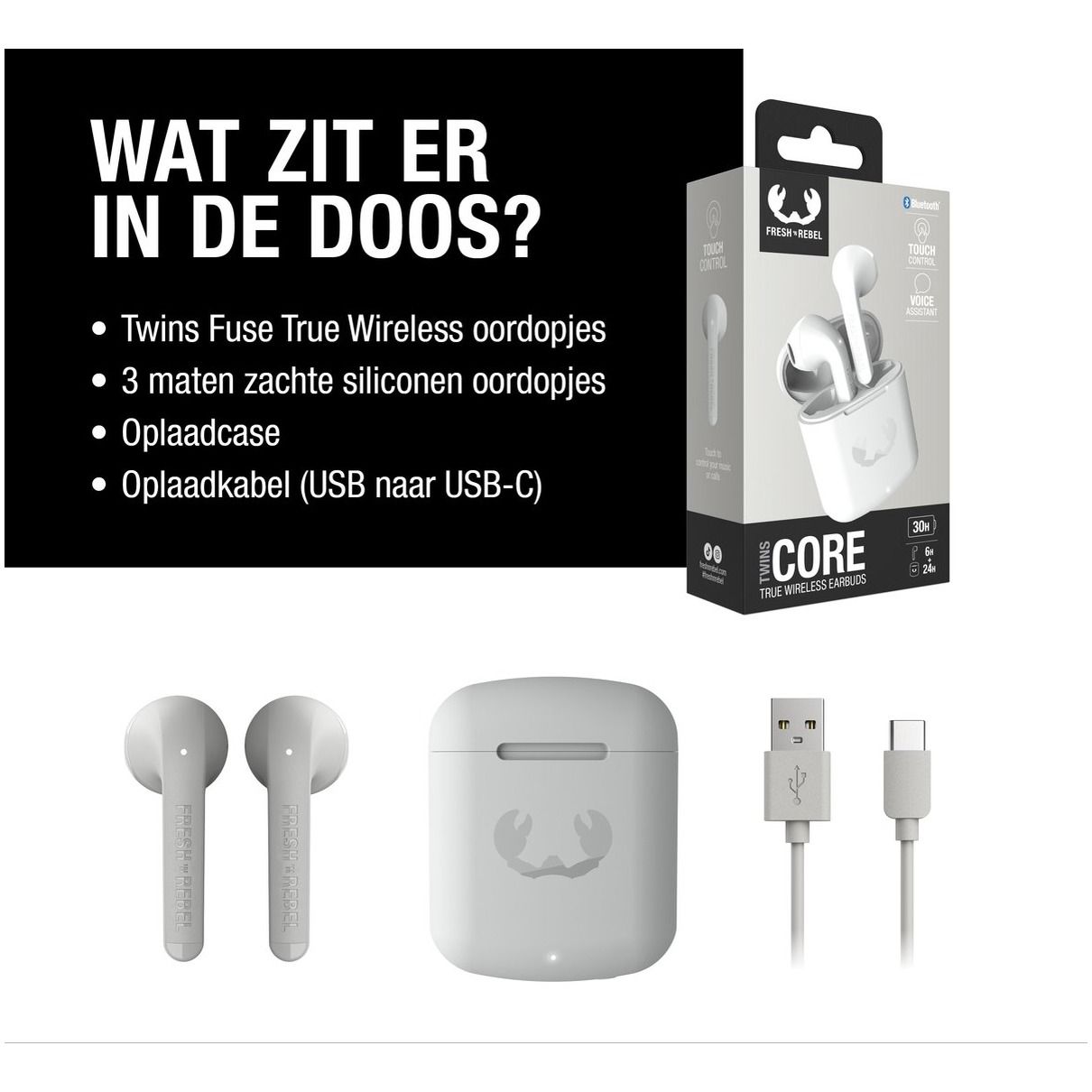 Fresh 'n Rebel Twins Core - True Wireless - 6 uur speelduur (30 uur in totaal) - Ice Grey