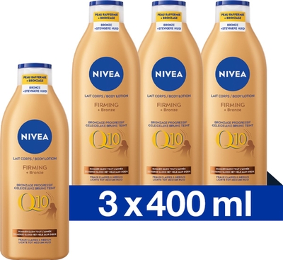 NIVEA Q10 Firming + Bronze Bodylotion Bruiner - Stevigere Huid en Natuurlijk Gebruinde Look - Hydraterende Lotion - Snelbruiner - Bruinen zonder Zon - Zelfbruiner Lichaam - 3 x 400 ml