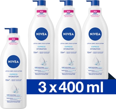 NIVEA Express Bodylotion met Pomp - Voor Normale tot Droge Huid - Hyaluronzuur, Zeemineralen en Voedend Serum - 72H Hydraterende Lotion - 3x400 ml