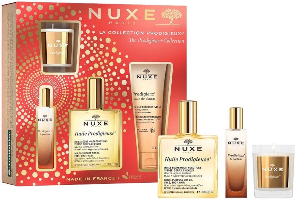 Nuxe - Huile Prodigieux - Droogolie 100 ml - Le Parfum 20 ml - Shower Gel 100ml - Kaars - Geschenkset - Haarolie