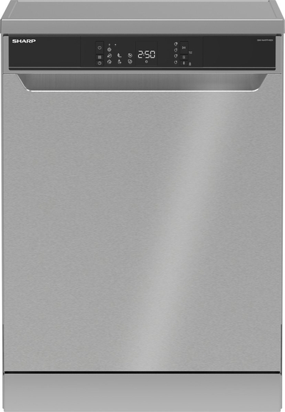 Sharp QWNA1FF45DIEU-vrijstaande vaatwasser-energie label D-besteklade-RVS deur