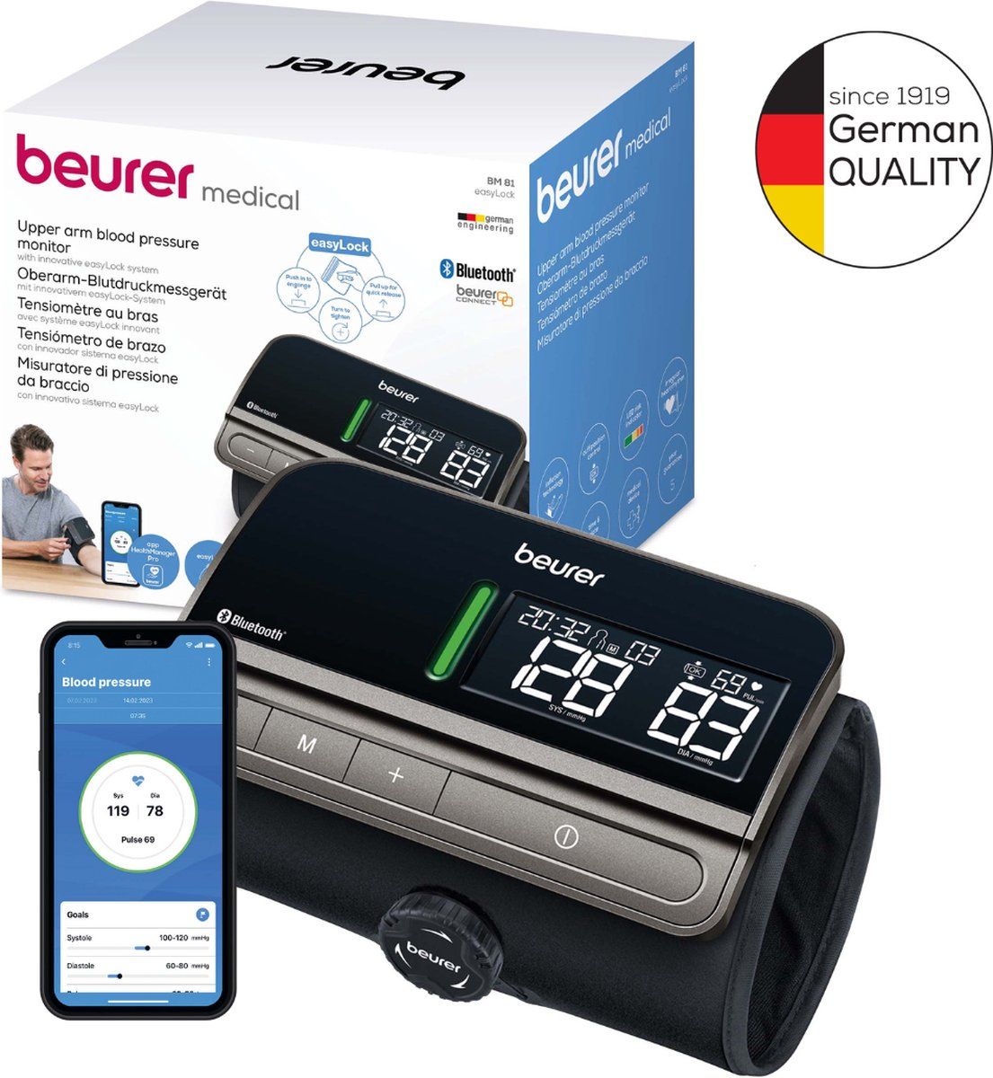 Beurer BM 81 Smart Bloeddrukmeter bovenarm - Geïntegreerde EasyLock manchet 24-40 cm - Bluetooth® - Risico-indicator - Inflation Technology - 2 Gebruikersgeheugen - Onregelmatige hartslag - Gratis app: Health Manager pro - 5 Jaar garantie