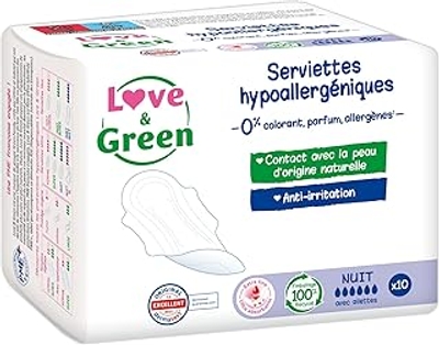 Love & Green Maandverband, milieuvriendelijk en hypoallergeen - Ecolabel en Dermatest gecertificeerd - "NACHT" x 10: vrij van kleurstoffen, parfum, allergenen verpakking van 1