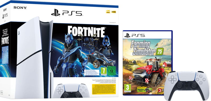 PS5 Slim Disc Edition + Fortnite Voucher + Farming Simulator 25 + Extra Controller Wit