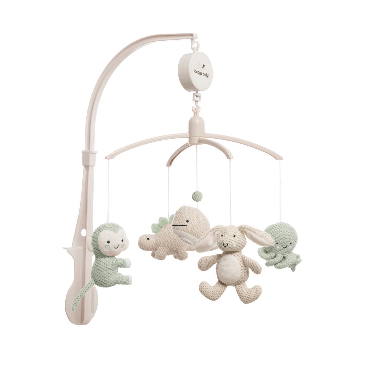 Baby's Only Muziekmobiel baby Animals - Boxmobiel - Laurel Green/Warm Linen - Gebreide figuurtjes - Muziek speelgoed - Melodie 'It's a small world'