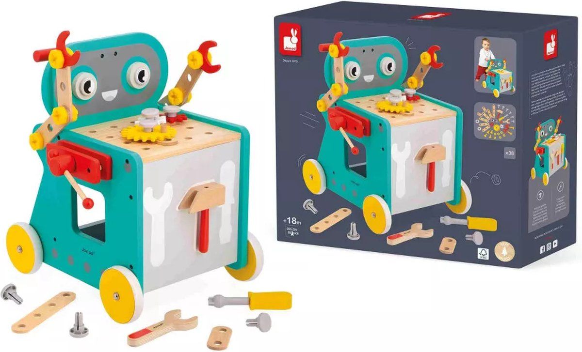 Janod Brico'Kids - Robot Trolley - Speciale Doe-Het-Zelf Activiteitenwagen - Inclusief 38 Accessoires - Magnetisch Met Opbergvak Voor Gereedschap Aan De Voorkant - Geschikt Vanaf 18 Maanden