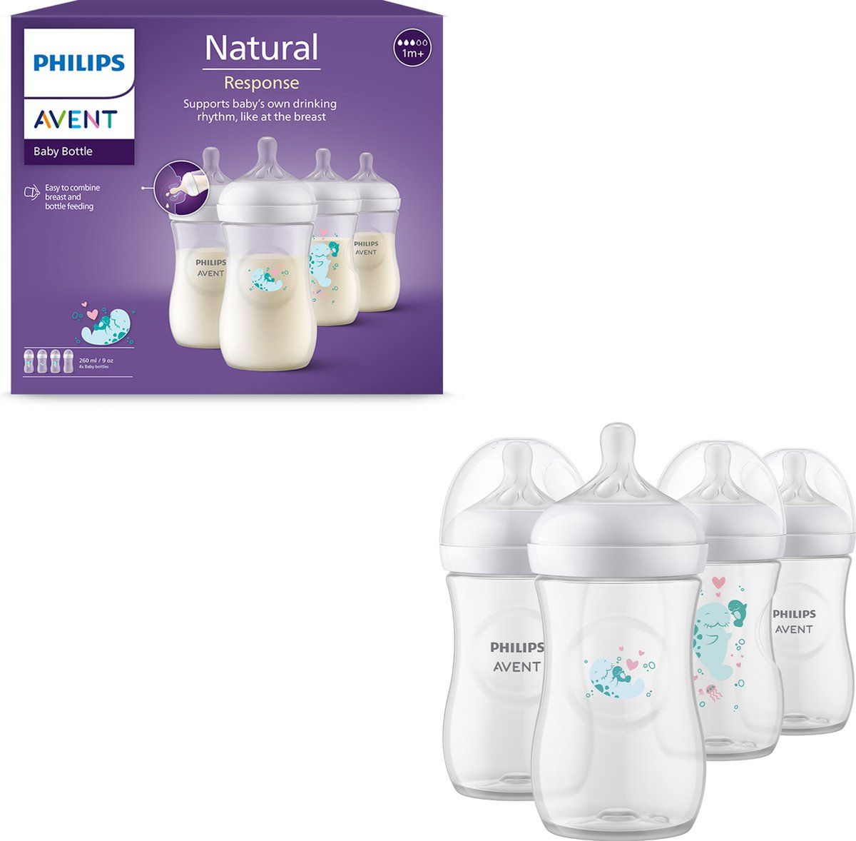 Philips Avent Natural Response 4 babyflessen – 260 ml – Flow 3- zeehond - SCY903/61