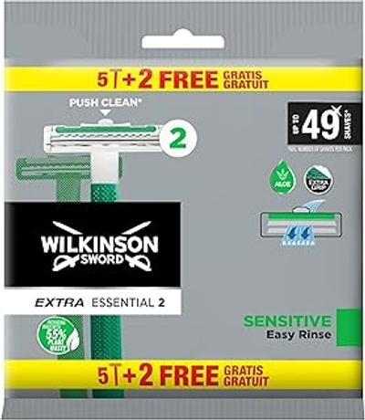 Wilkinson Sword Extra 2 gevoelige wegwerpscheerapparaten, 5 stuks + 2 stuks, glijstrips met vitamine E ter voorkoming van huidirritatie, volledige scheerbescherming