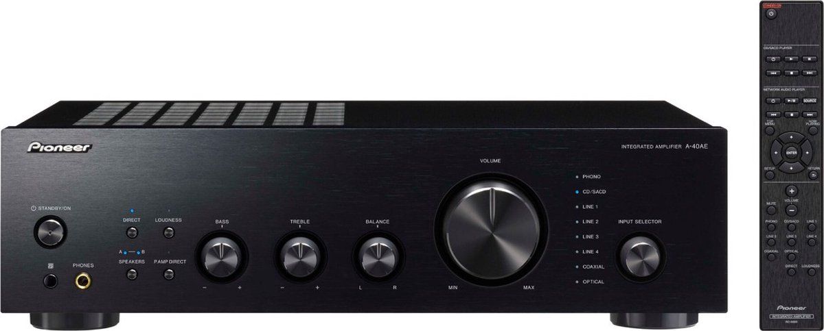 Pioneer A-40AE Black Geïntegreerde versterker | 2.0 | Speaker A/B | Tone Control | Loudness | Analoge ingangen | Phono MM | Digitale ingangen | Source Direct | Hoofdtelefoonuitgang | Afstandsbediening | Totaal uitgangsvermogen: 2x 60 W