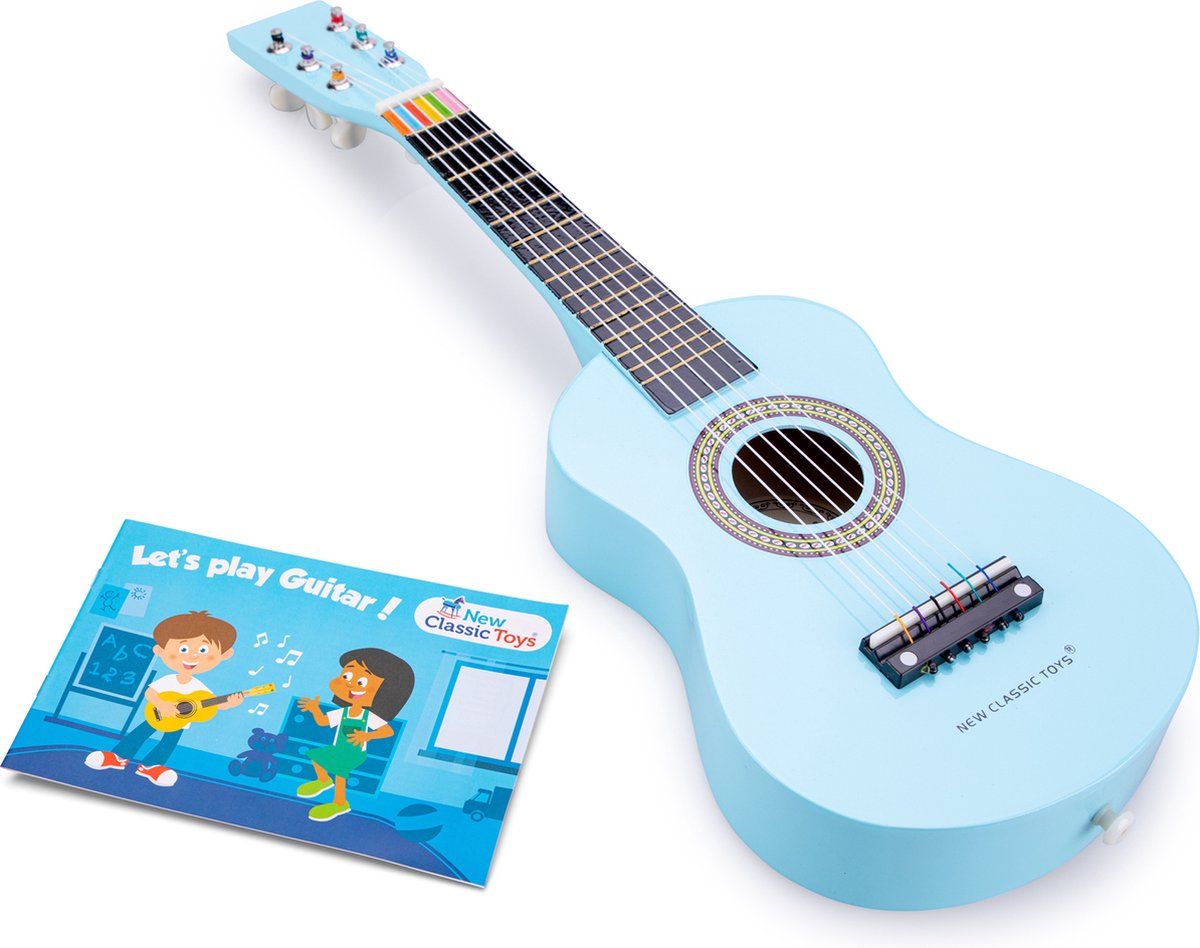 New Classic Toys - Houten speelgoedgitaar met draagriem - Speelgoedinstrument - Mijn eerste gitaar - Blauw - Inclusief muziekboekje