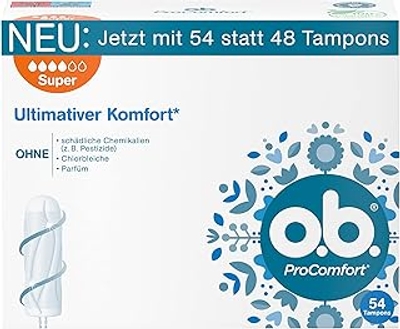 o.b. ProComfort Plus 54 stuks, tampons voor sterke dagen, SilkTouch-oppervlak en Dynamic Fit-technologie voor meer comfort en betrouwbare bescherming tijdens de menstruatie