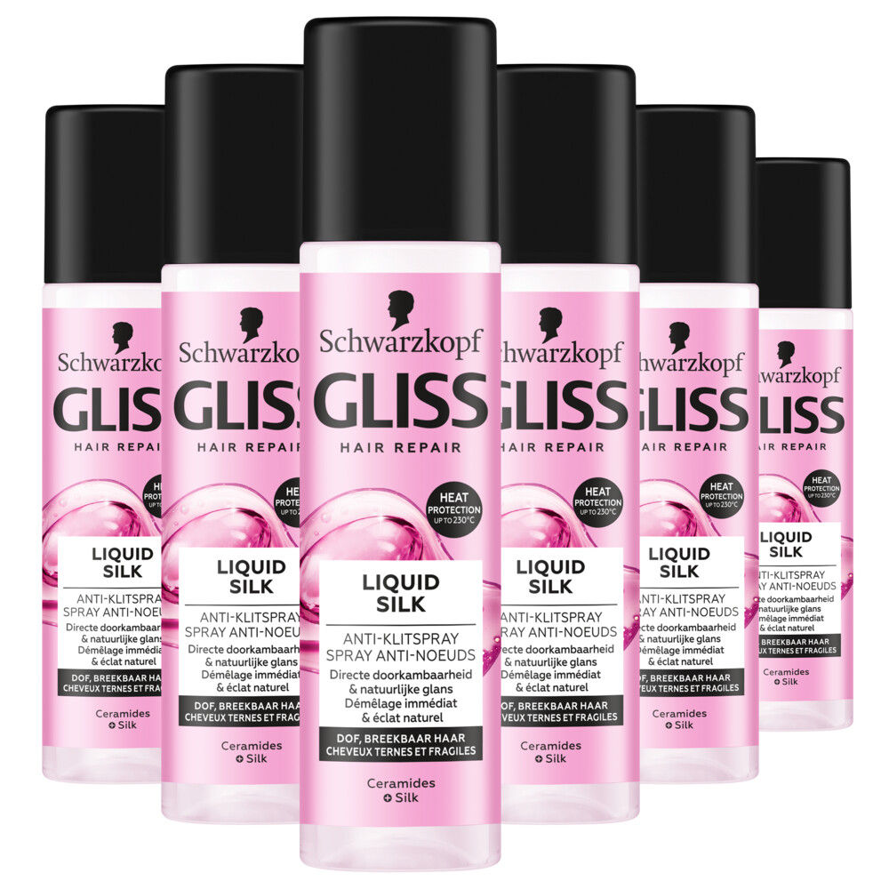 Schwarzkopf Gliss Liquid Silk - Anti-Klit Spray - Leave-in-Conditioner – Zijdezacht Haar -Hittebescherming  - 6 x 200 ml