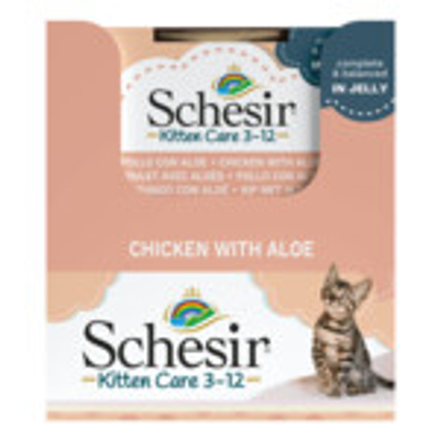 14x Schesir Kattenvoer Kitten 3-12 Kip - Aloe in Gelei 85 gr - natvoer katten