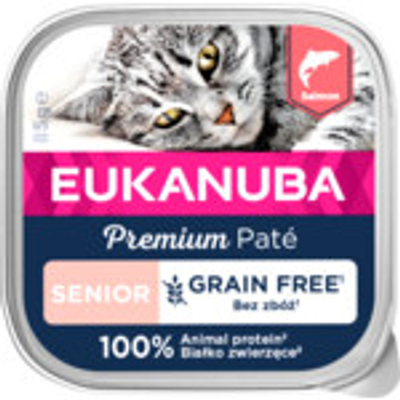 16x Eukanuba Premium Paté Graanvrij Senior Kattenvoer Nat Zalm 85 gr - natvoer katten