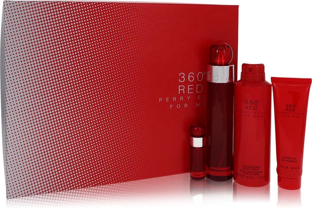 Perry Ellis 360 Red for Men Geschenkset 100 ml edt spray + mini edt spray + 200 ml body spray + 90 ml shower gel