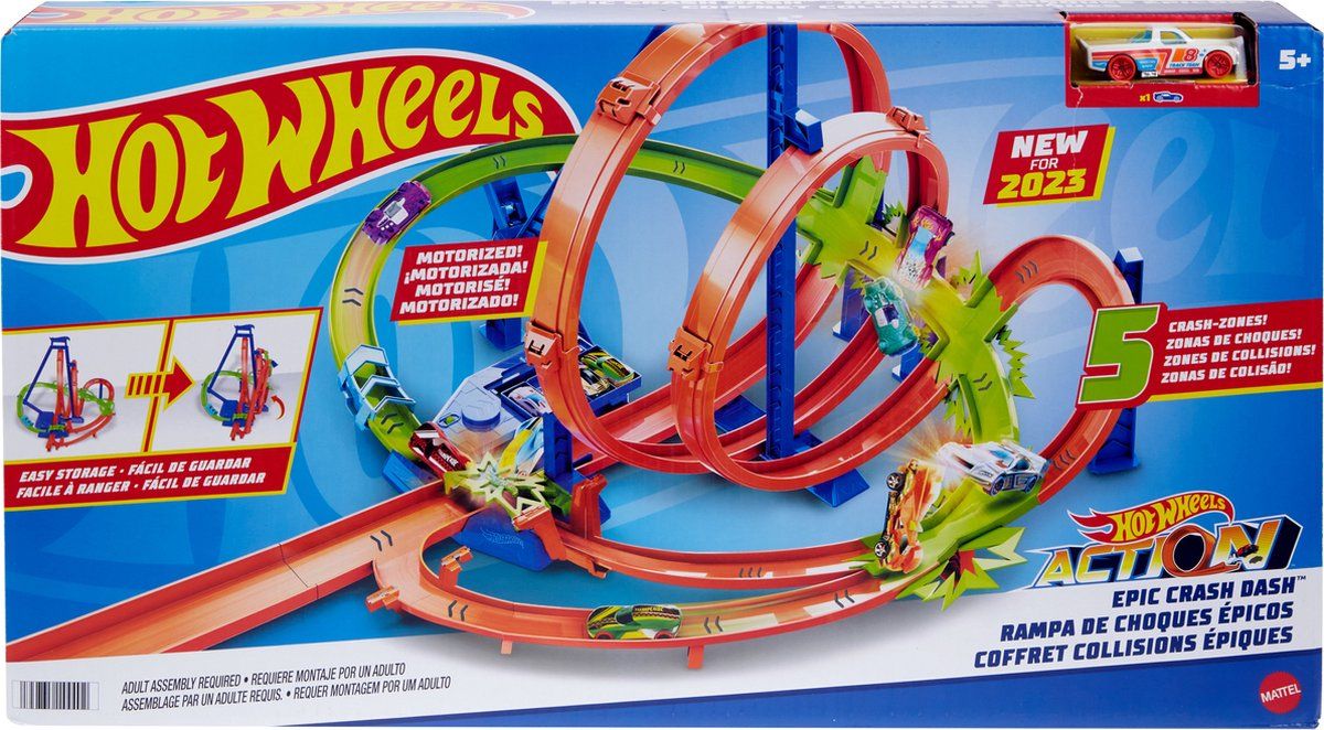 Hot Wheels - Baanset - Met 5 crashzones - Met gemotoriseerde booster en 1 Hot Wheels auto - Racebaan