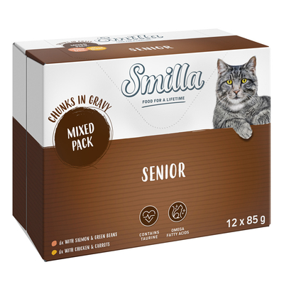 12x85g Smilla Verse Zakjes Senior Hapjes in Saus met Zalm en Sperziebonen - natvoer katten