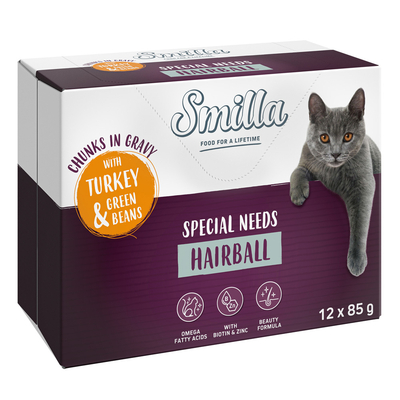 24x85g Smilla verse zakjes Adult Hairball Hapjes in Saus Kalkoen en Sperziebonen met Groenten - natvoer katten