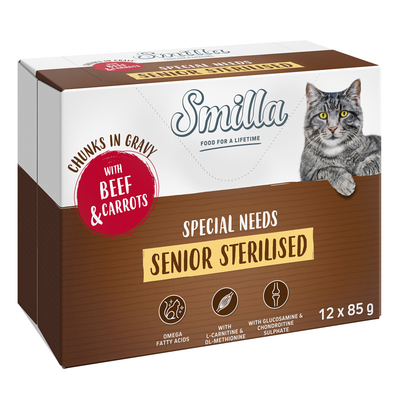 12x85g Smilla verse zakjes Senior Sterilised Hapjes in Saus Rundvlees en Wortelenmet Groenten - natvoer katten