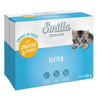 12x85g Smilla verse zakjes Kitten Hapjes in saus Kip en Wortelen met groenten - natvoer katten