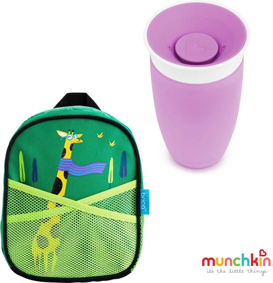 Munchkin Luiertas met Munchkin Miracle Drinkbeker Paars - Brica by my side rugzak groen - Miracle Anti-Lek 360° Drinkbeker - Sippy Cup - Oefenbeker voor Baby en Kind - 296ml - Paars