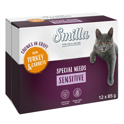 12x85g Smilla Verse Zakjes Adult Sensitive Hapjes in Saus Kalkoen en Wortelen met Groenten - natvoer katten
