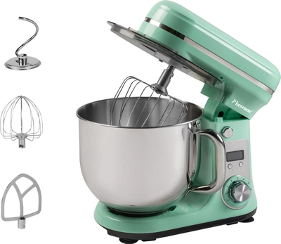 Bestron Keukenmachine, Super Stille (65dB) 4-in-1 Keukenmachine met DC-motor, 6 liter mengkom, incl. deeghaak, garde en klopper, 6 snelheden + pulsefunctie, kleur: Mint