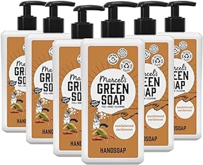 Marcel's Green Soap Handzeep, sandelhout en kardemom, handzeepdispenser, 100% milieuvriendelijk, 100% veganistisch, 97% biologisch afbreekbaar, 500 ml, 6 verpakkingen