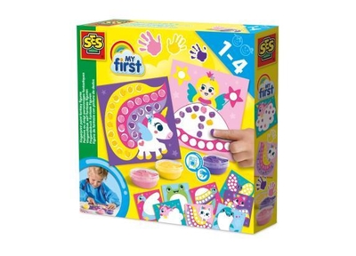 SES Creative - My first – Stippen met Vingerverf Fantasie Figuren - 10 vrolijke vingerverf kaarten in prinsessen feeën thema – Unicorn – Glutenvrij - 1 tot 4 jaar