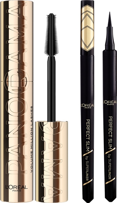 L'Oréal Paris Panorama Mascara Black & Superliner Perfect Slim Intense Black Eyeliner - Lengte, separatie en volume mascara - Zwarte pen eyeliner - Routine Bundel