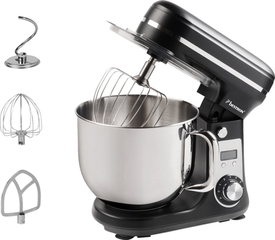 Bestron Keukenmachine, Super Stille (65dB) 4-in-1 Keukenmachine met DC-motor, 6 liter mengkom, incl. deeghaak, garde en klopper, 6 snelheden + pulsefunctie, kleur: Mat Zwart