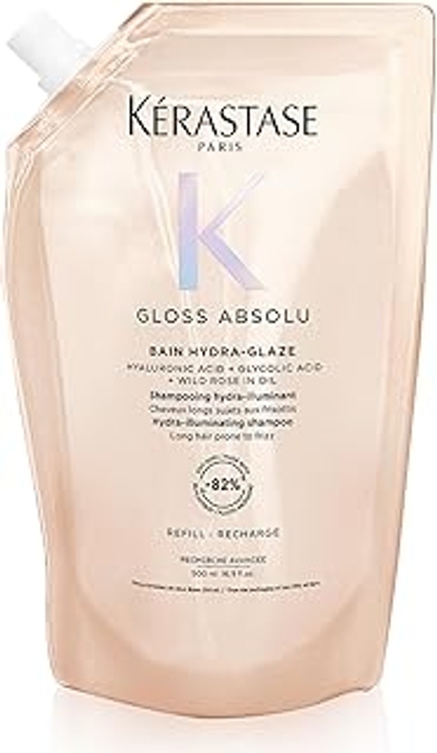 Kérastase Gloss Absolu, Bain Hydra-Glaze, Hydraterende En Verzorgende Shampoo Navulling, Met Hyaluronzuur, Glycolzuur En Wilde Rozenolie, Voor Lang Pluizig Haar, 500 ml