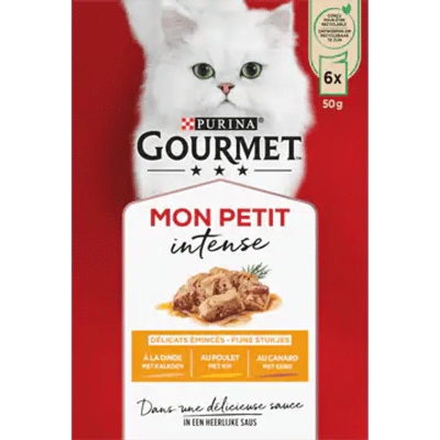 PURINA® Gourmet® Mon Petit Intense Fijne stukjes met Kalkoen, met Kip, met Eend 6 x 50 gr - natvoer katten
