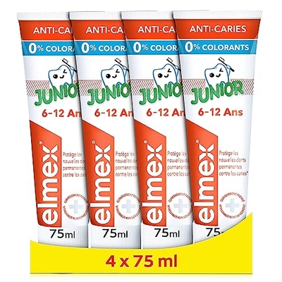 elmex Tandpasta Junior 6-12 jaar, 4 x 75 ml, medische tandreiniging met 1400 ppm fluoridegehalte voor zeer effectieve bescherming van cariës, versterkt de nieuwe, permanente tanden