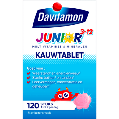 Davitamon Junior 3+ multivitaminen framboos - 120 kauwtabletten