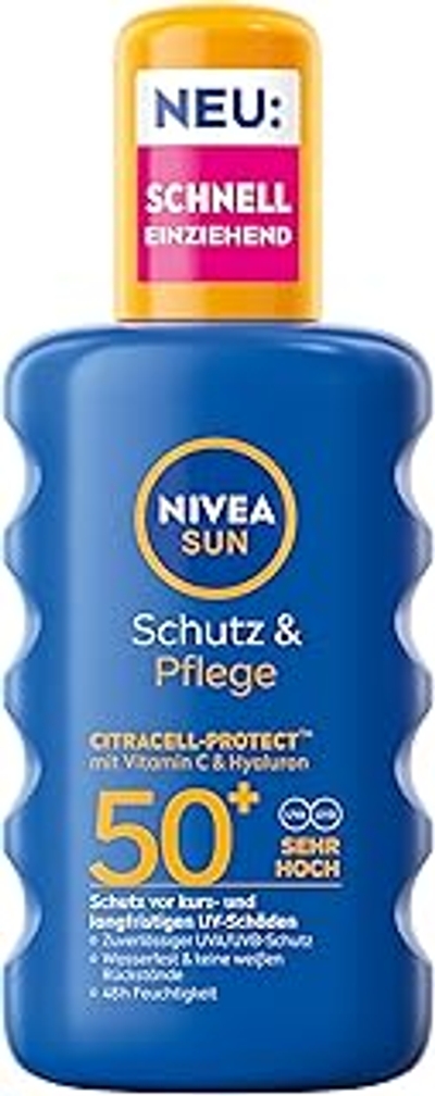 NIVEA SUN Bescherming & verzorging zonnespray SPF 50+, waterdichte zonnebrandcrème spray met vitamine C en hyaluron, snel intrekkende zonwering voor 48 uur vocht 200 ml