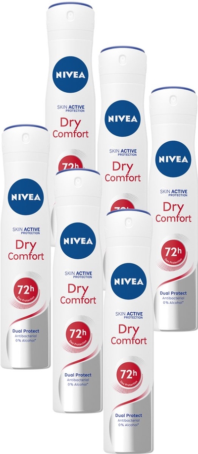 NIVEA Dry Comfort Deodorant Spray - Anti-Transpirant - Droog gevoel - 72 uur bescherming - Met mineralen en DryPlus-systeem - Alcoholvrij - 6 x 200 ml 